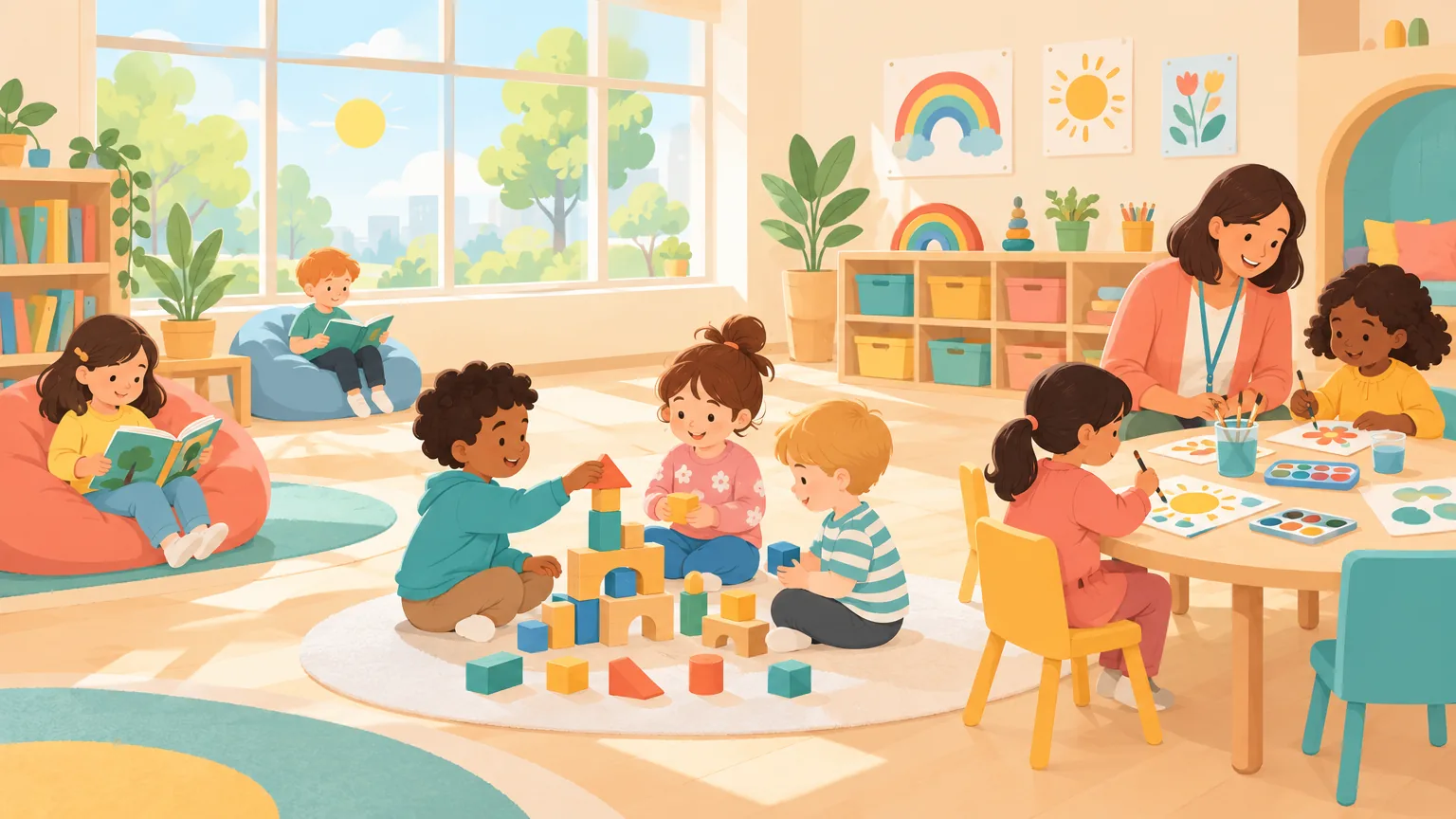 Happy children learning and playing in a bright preschool classroom at Lorraines Daycare & Preschool in Burley, Idaho