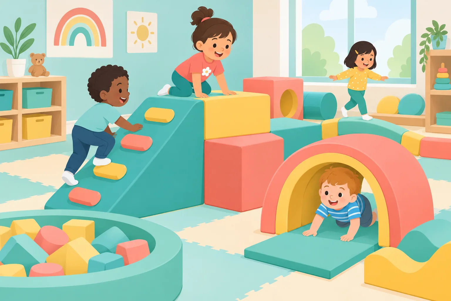 Kids climbing and staying active in the indoor gym at Lorraines Daycare in Burley, Idaho